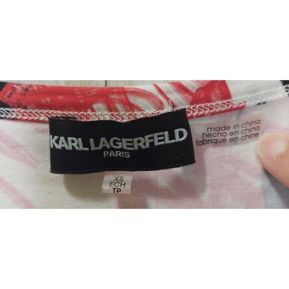 Karl Lagerfeld Paris Women's XS Graphic Puff Sleeve T-Shirt Red & Black Scribble - Picture 3 of 10